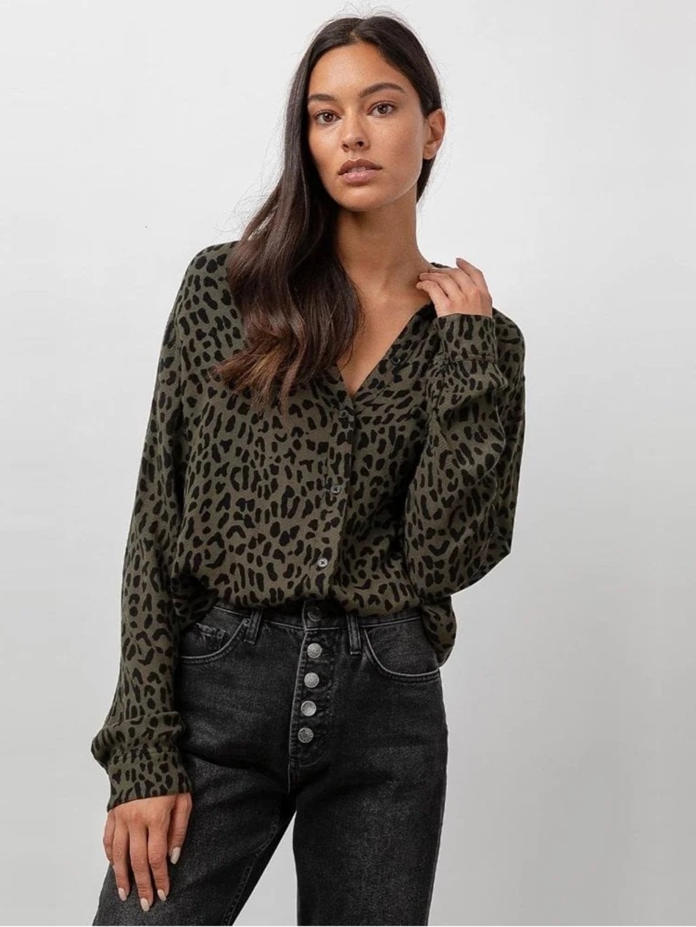 Hunter Green cheetah Print Button-Front Blouse